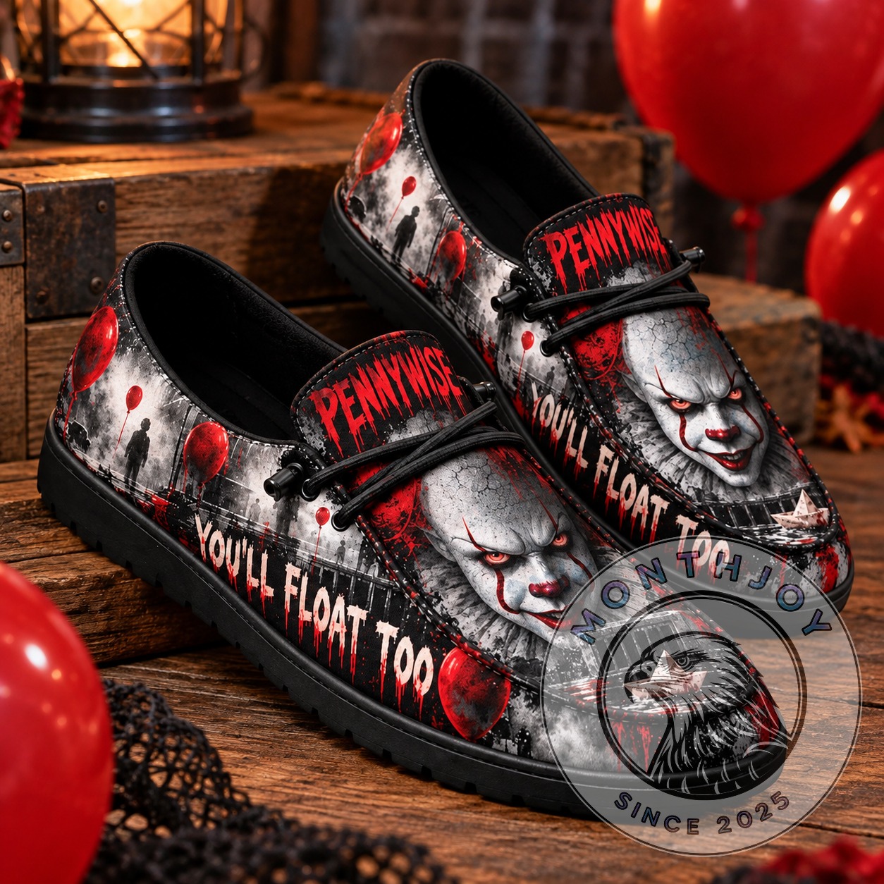 Pennywise You’ll Float Too Halloween Loafer Shoes - angled view showing both decorated loafers