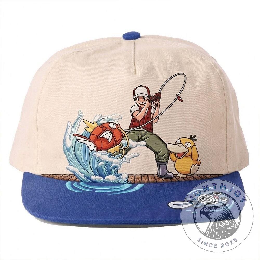 Pokemon Ash Ketchum Fishing Magikarp And Psyduck Cap - close-up of Ash and Magikarp design