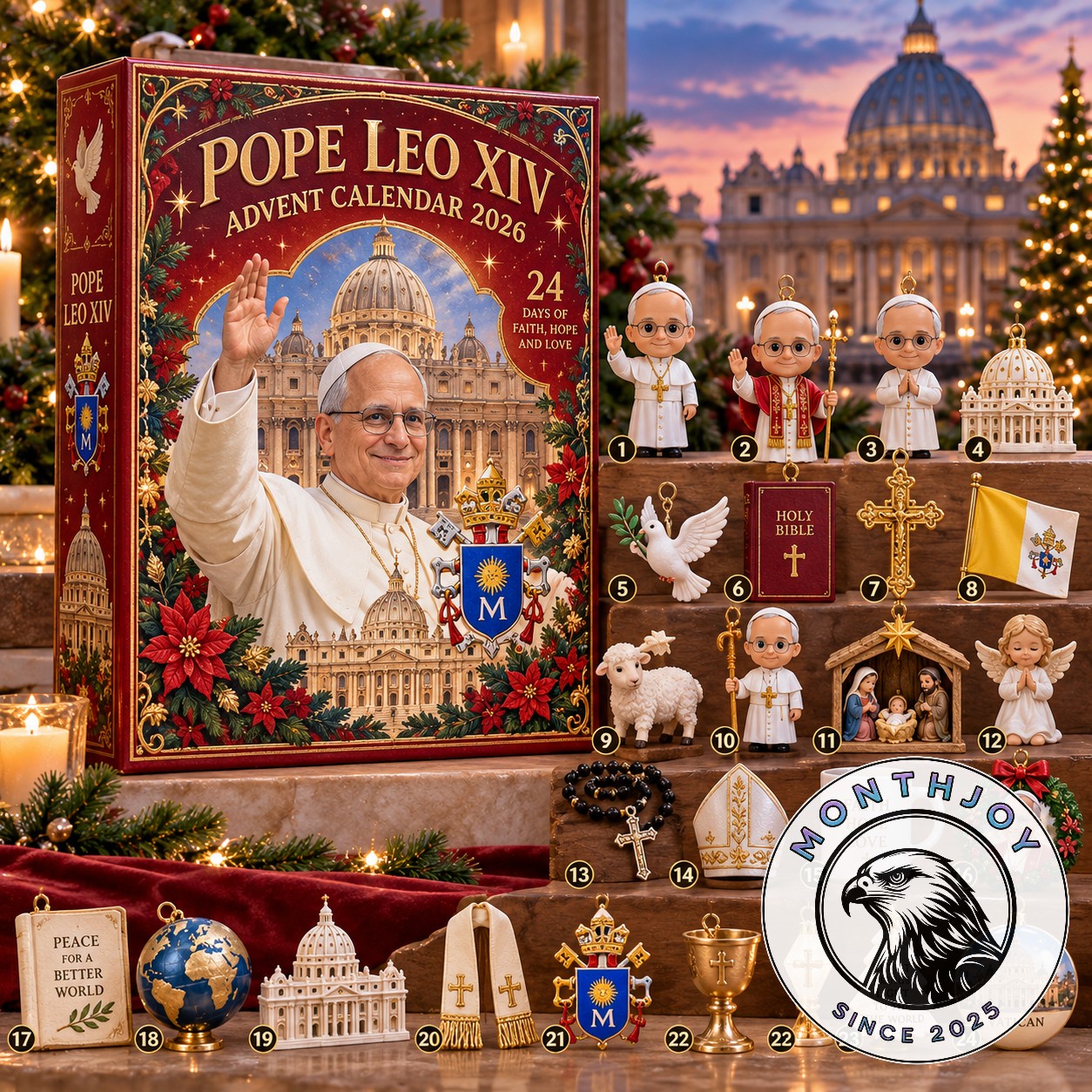 Pope Leo XIV 2026 Catholic Christmas Advent Calendar - front box and numbered ornaments