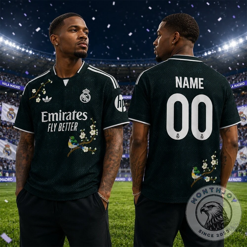 Real Madrid Floral Bird Custom Name Number Football Jersey - Full Design
