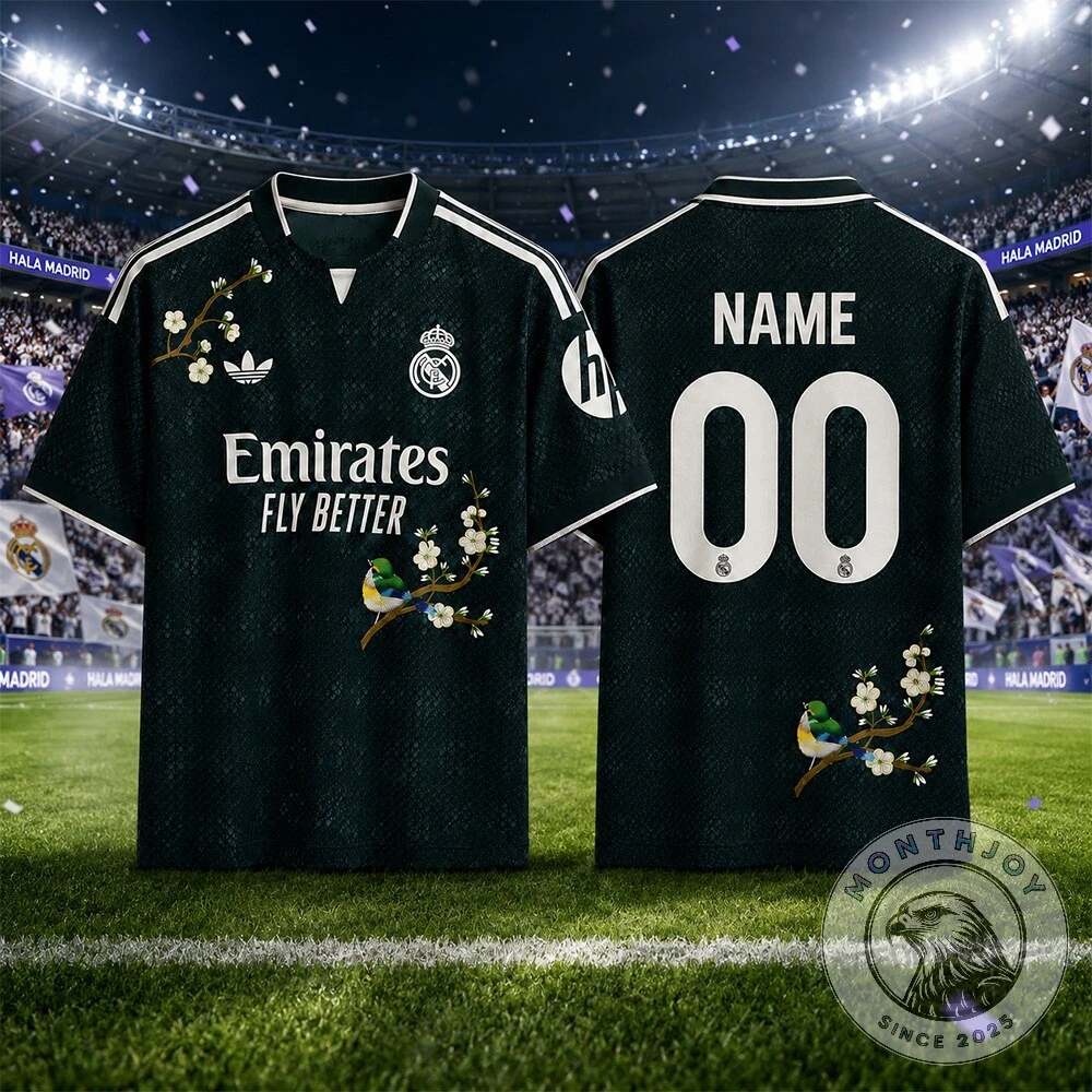 Real Madrid Floral Bird Custom Name Number Football Jersey - Side View