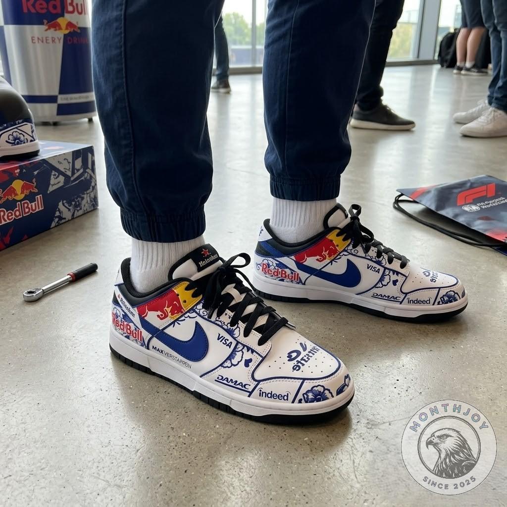 Red Bull Racing Max Verstappen Delft Blue Edition Dunk Sneakers - close-up of left shoe's front side with