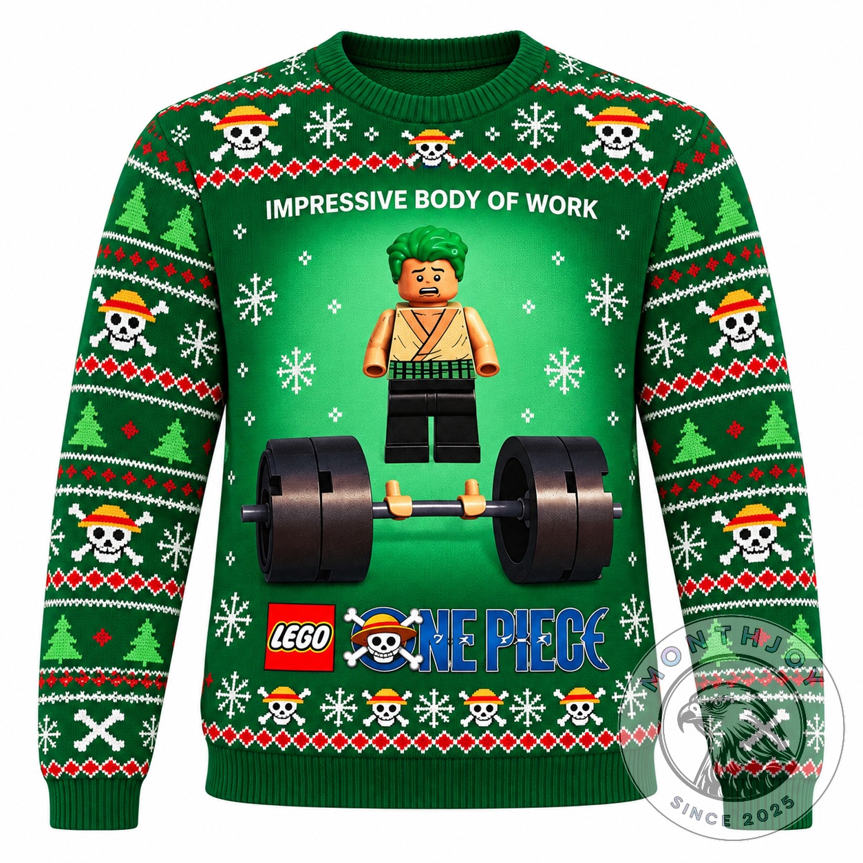 Roronoa Zoro Gym Christmas 2026 Ugly Christmas Sweater - front view with barbell graphic