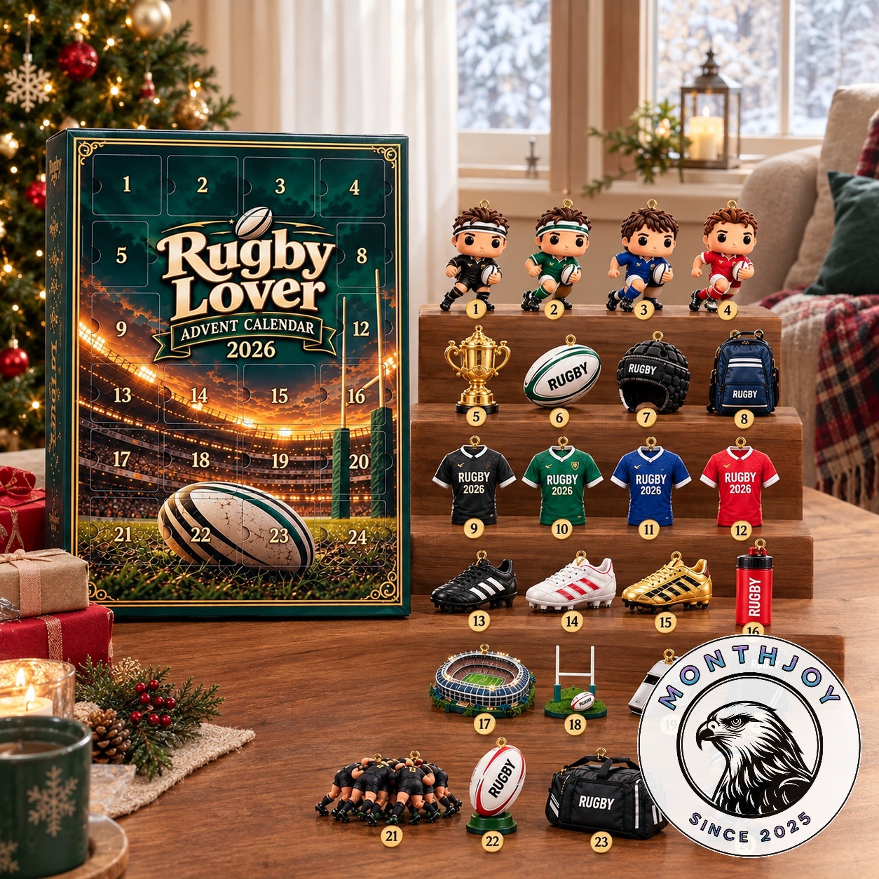 Rugby Lover 2026 24-Day Countdown Advent Calendar - front box and miniature rugby collectibles