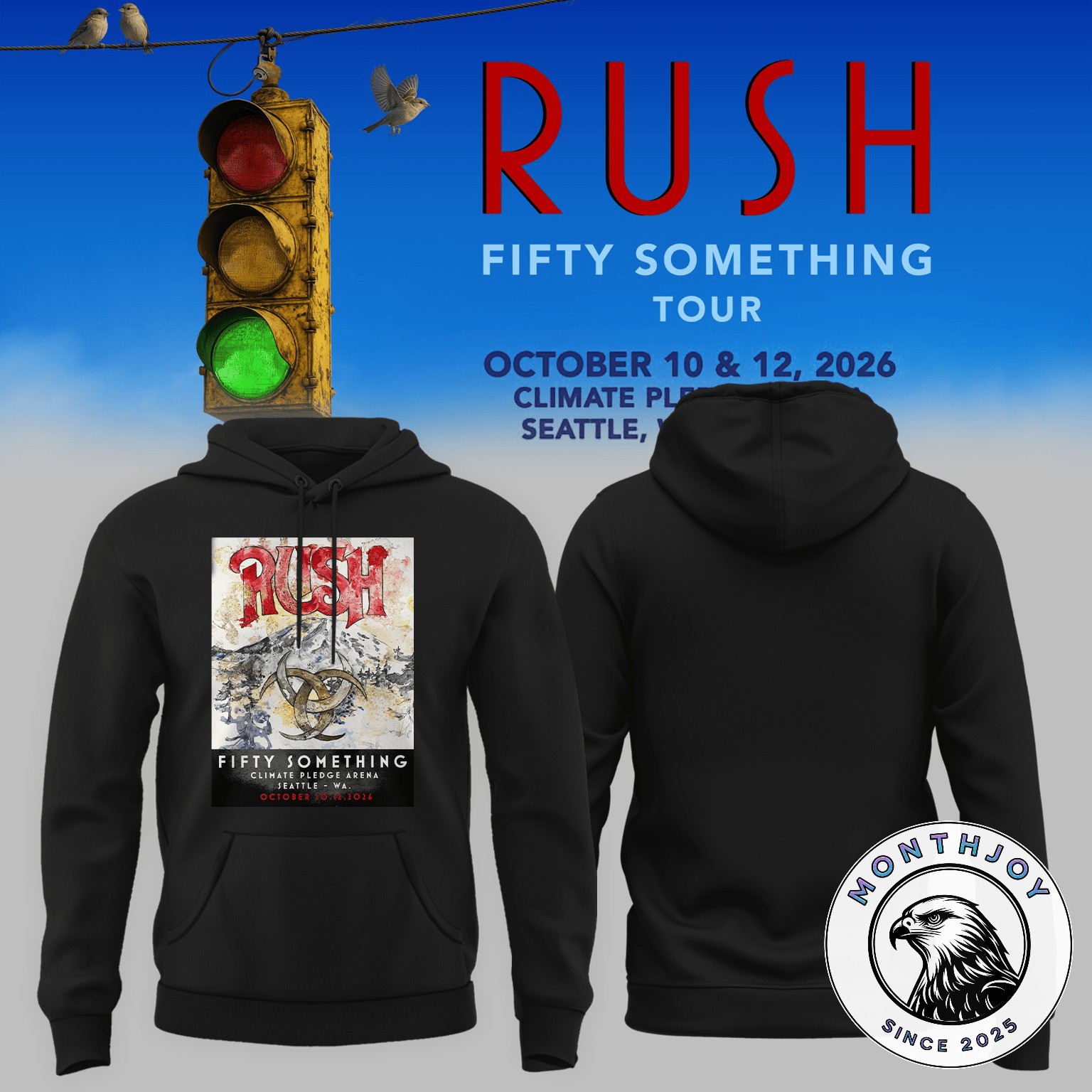 RUSH Fifty Something Tour 2026 Hoodie - front and back views with centered tour graphic