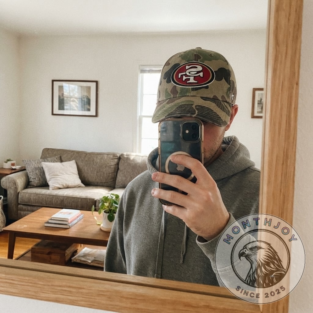 San Francisco 49ers Duck Camo Veterans Day 2026 Cap - side view showing embroidered 47 mark
