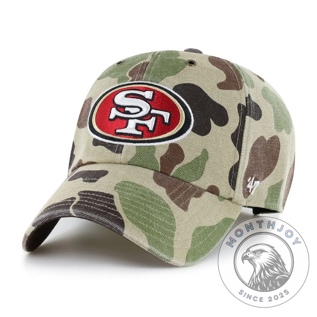 San Francisco 49ers Duck Camo Veterans Day 2026 Cap - angled front view showing embroidered team logo