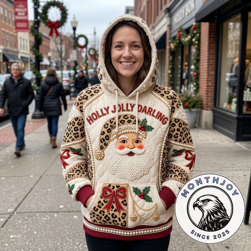 Santa Claus Holly Jolly Darling Christmas 2026 Hoodie - close view of chest lettering and Santa face