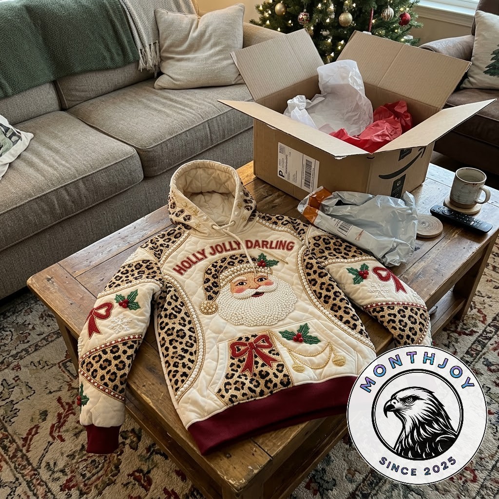 Santa Claus Holly Jolly Darling Christmas 2026 Hoodie - side view showing leopard-print sleeves