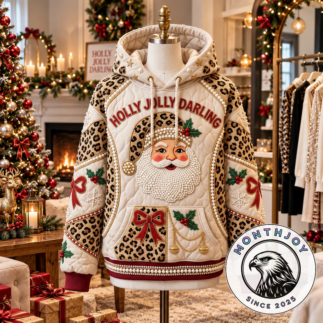 Santa Claus Holly Jolly Darling Christmas 2026 Hoodie - front view showing beaded Santa design