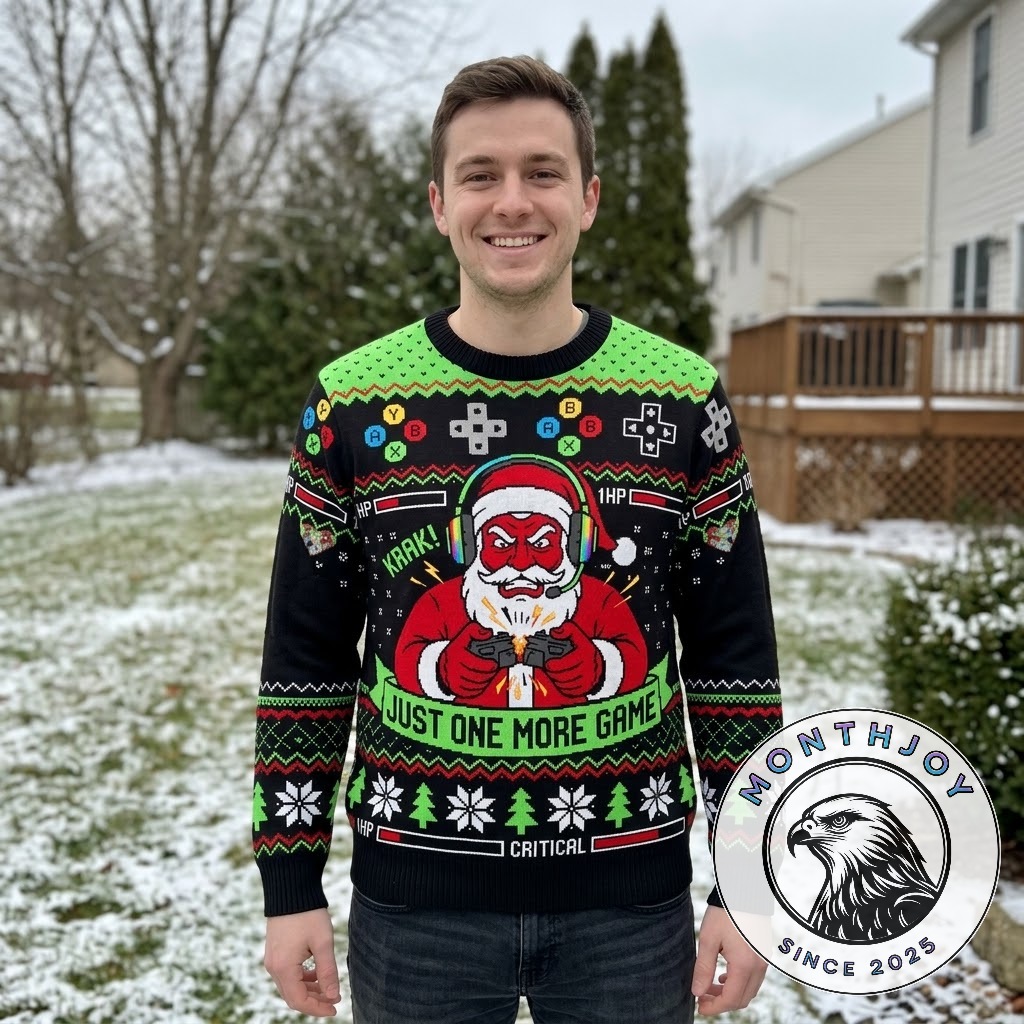 Santa Rage Quit Just One More Game Ugly Christmas 2026 Sweater - centered Santa gaming graphic