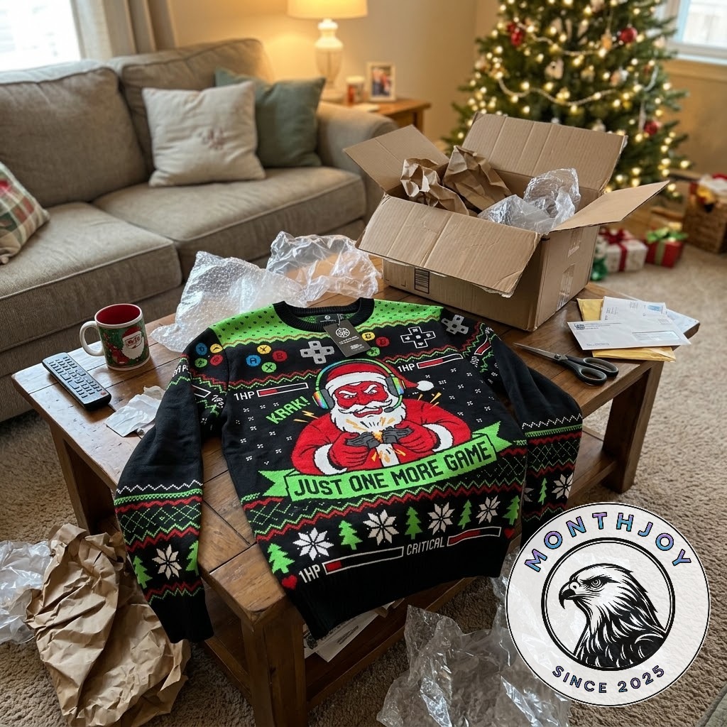 Santa Rage Quit Just One More Game Ugly Christmas 2026 Sweater - close view of controller symbols