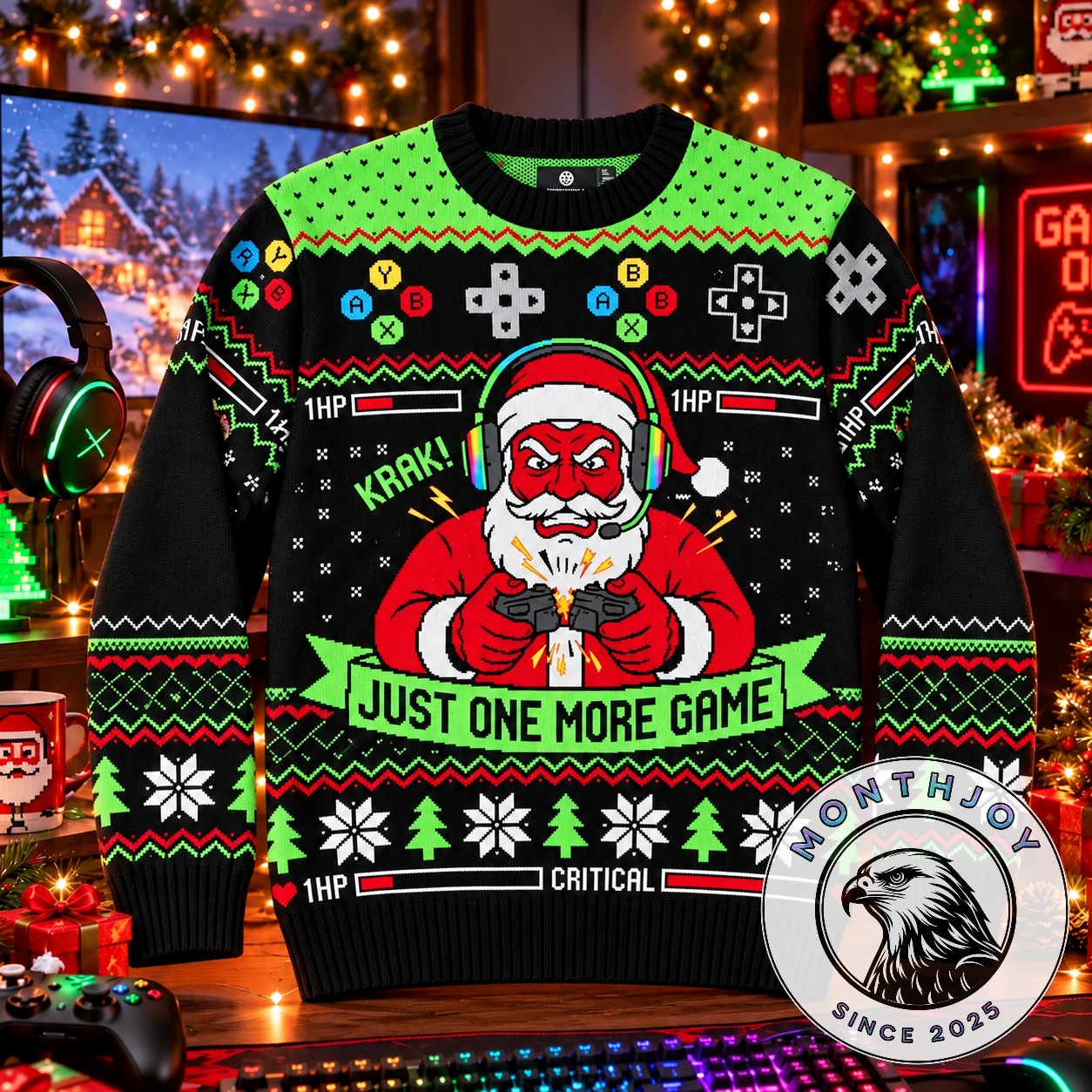 Santa Rage Quit Just One More Game Ugly Christmas 2026 Sweater - full front view