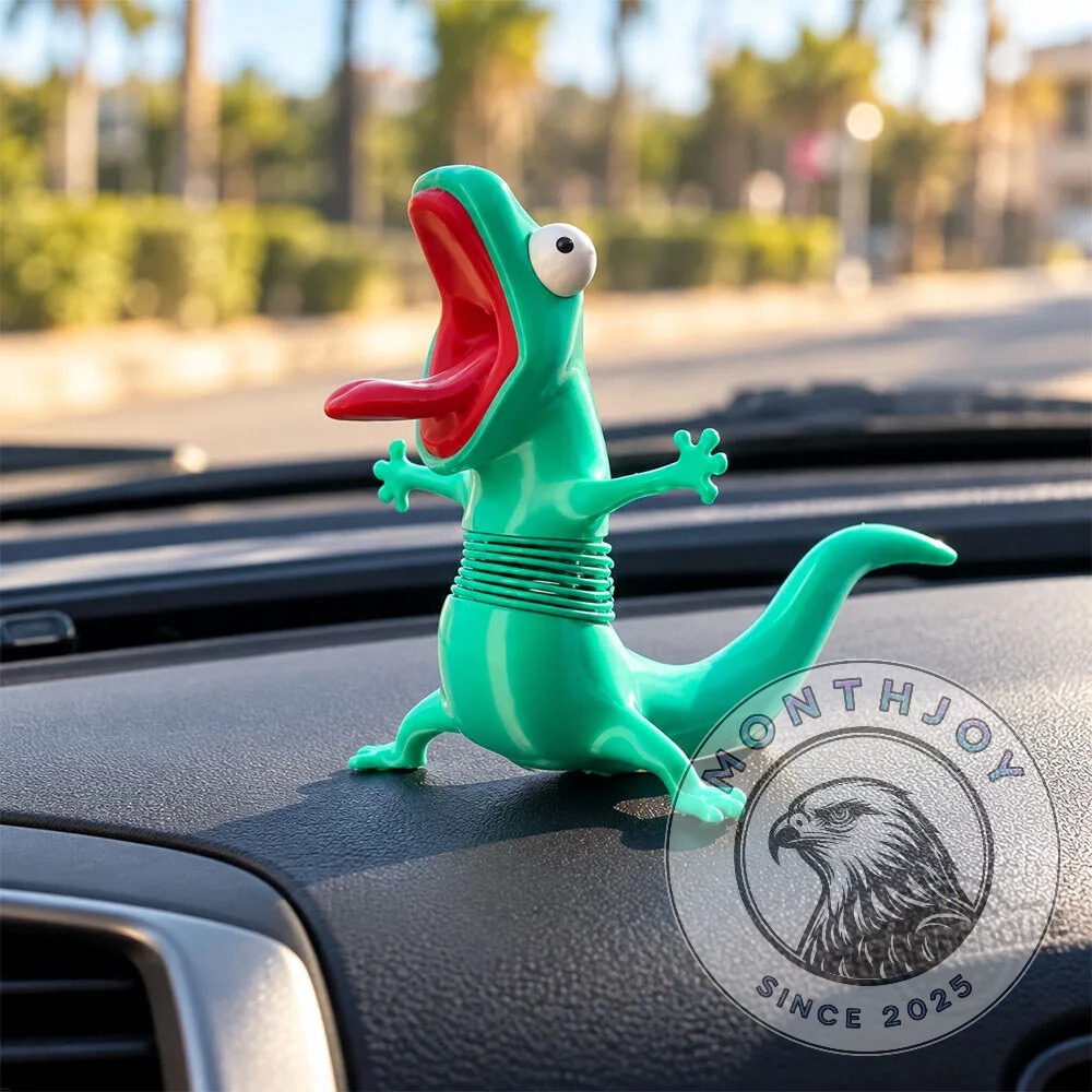 Screaming Green Lizard Car Dashboard Toy - front three-quarter view displayed on a dashboard