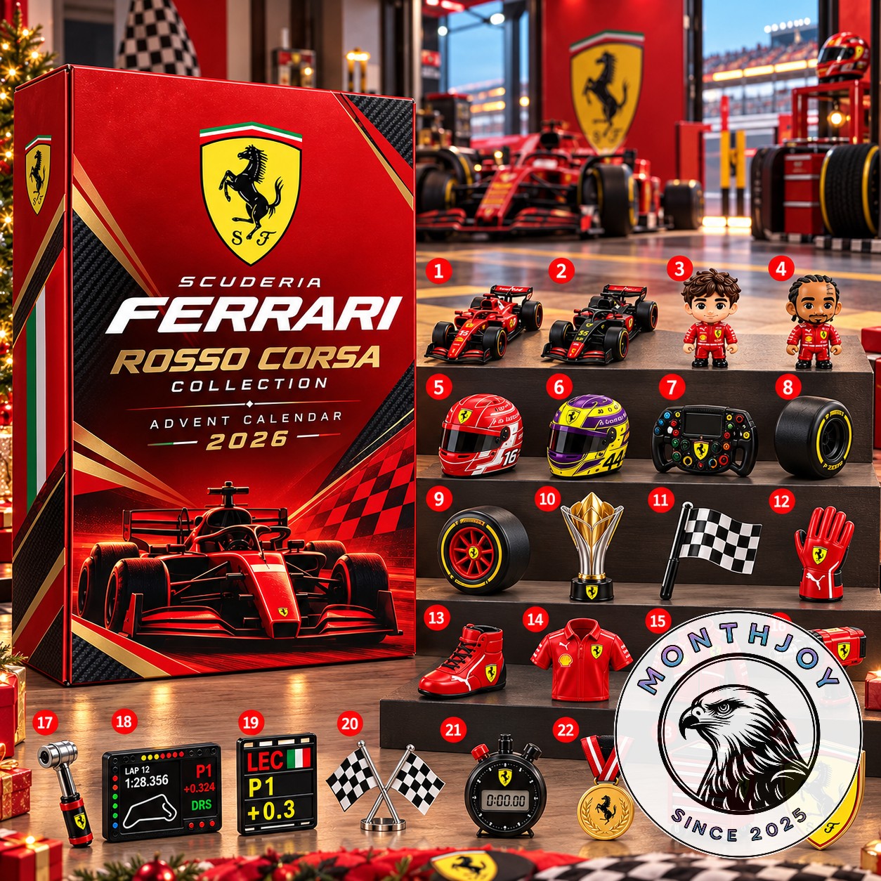 Scuderia Ferrari Rosso Corsa Collection 2026 Advent Calendar - front box and numbered contents