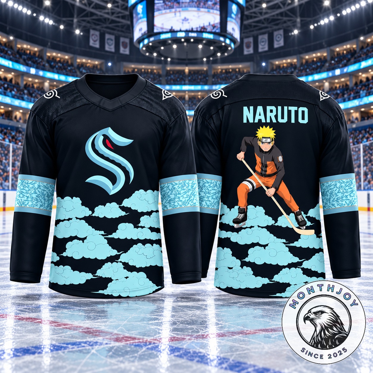 Seattle Kraken x Naruto Shippuden Hockey Jersey - front and back views with Naruto graphic