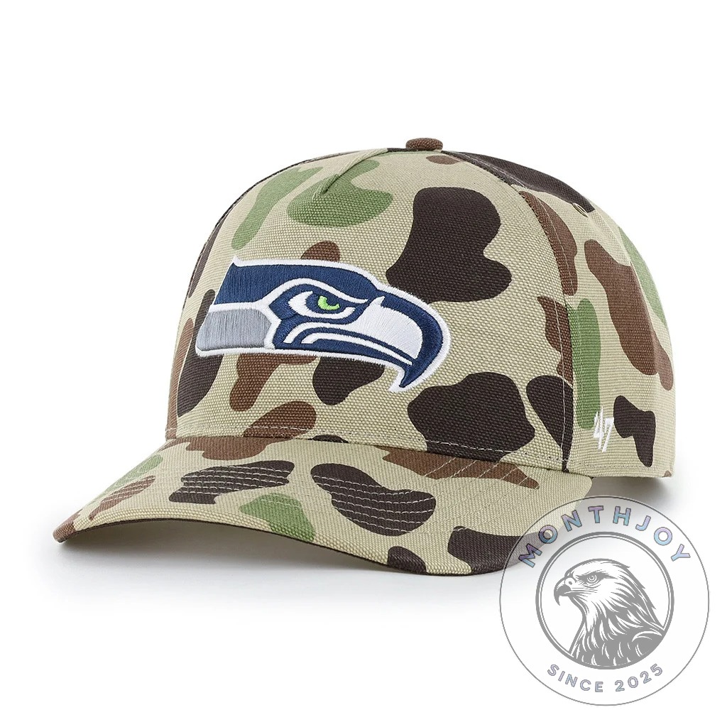 Seattle Seahawks Duck Camo Veterans Day 2026 Cap - front view showing embroidered team logo and curved brim