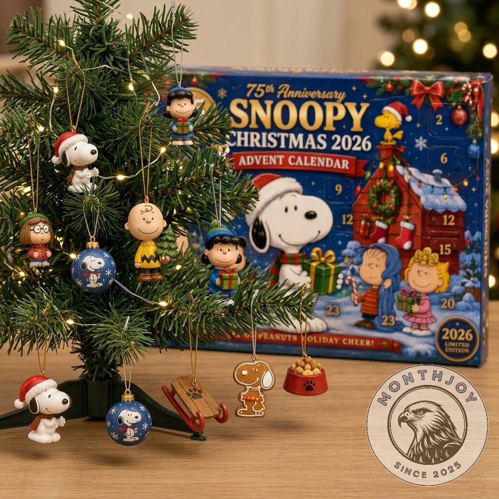 Snoopy 75th Anniversary Christmas 2026 Advent Calendar - close-up of the box's left side