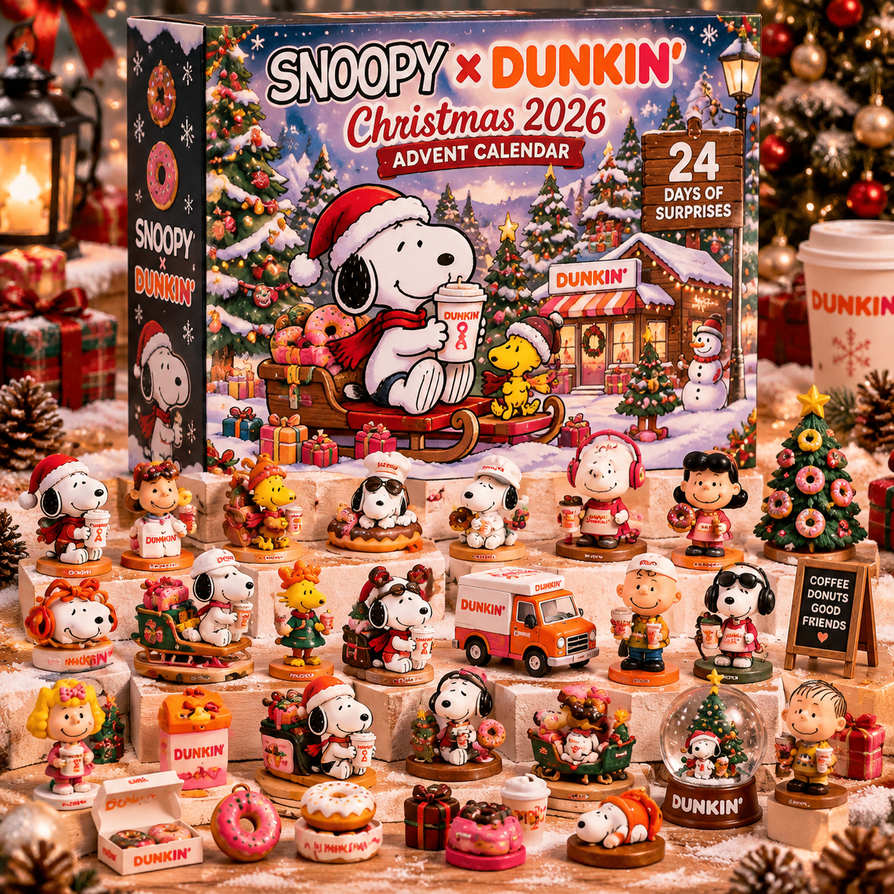 Snoopy and Dunkin' Christmas 2026 Advent Calendar - front box view with collectible figures