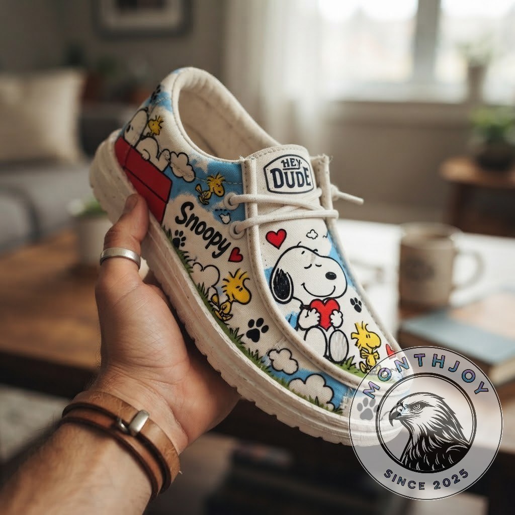 Snoopy and Woodstock Comic Adventure Loafer Shoes - close view of illustrated uppers