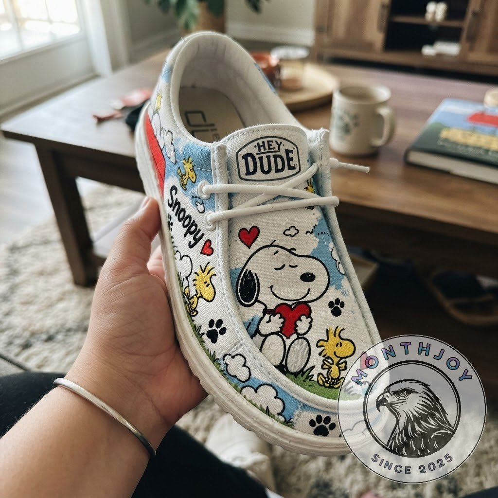 Snoopy and Woodstock Comic Adventure Loafer Shoes - side profile with red doghouse graphic