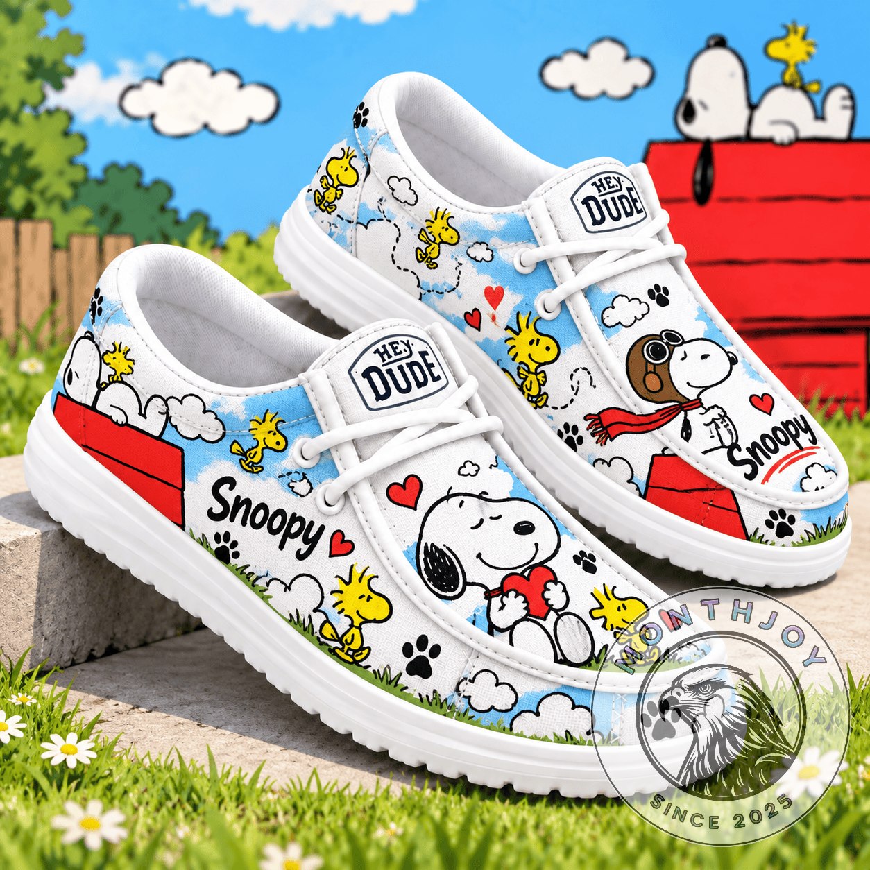 Snoopy and Woodstock Comic Adventure Loafer Shoes - paired front and side view