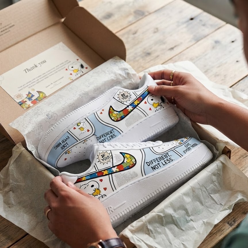 Snoopy Autism Acceptance Shoes - front sneaker side with Snoopy and Woodstock graphics