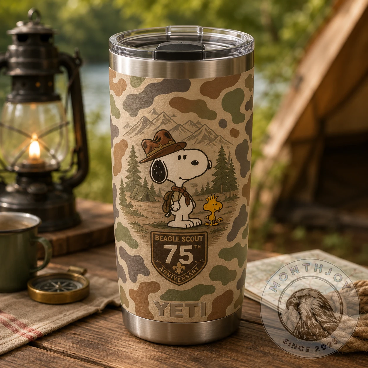 Snoopy Beagle Scout 75th Anniversary YETI Rambler Tumbler - Detail View