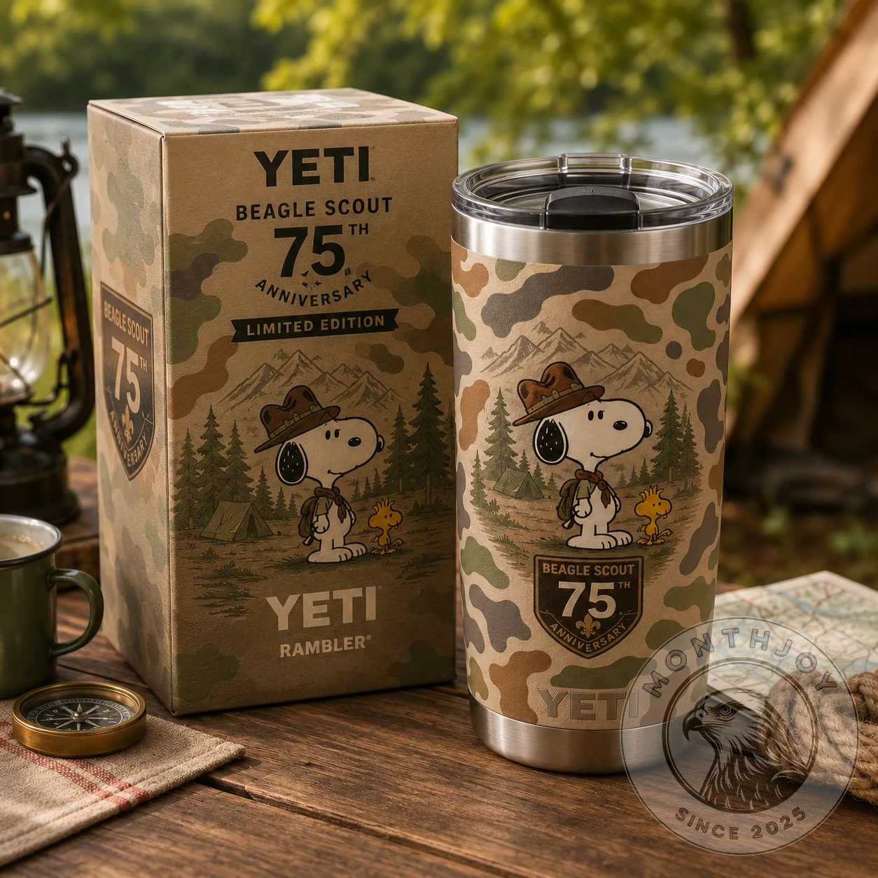 Snoopy Beagle Scout 75th Anniversary YETI Rambler Tumbler - Front View