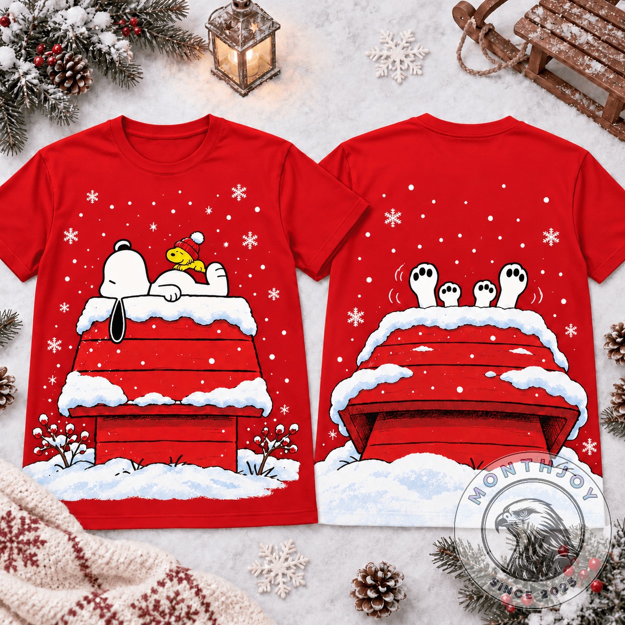 Snoopy Snowy Red Doghouse Christmas 2026 T-Shirt - front and back views with snowy doghouse artwork