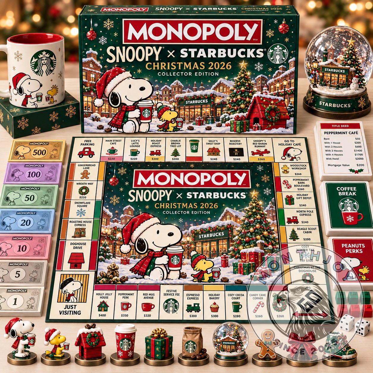 Snoopy Starbucks Christmas 2026 Collector Edition Monopoly Board Game - complete set displayed