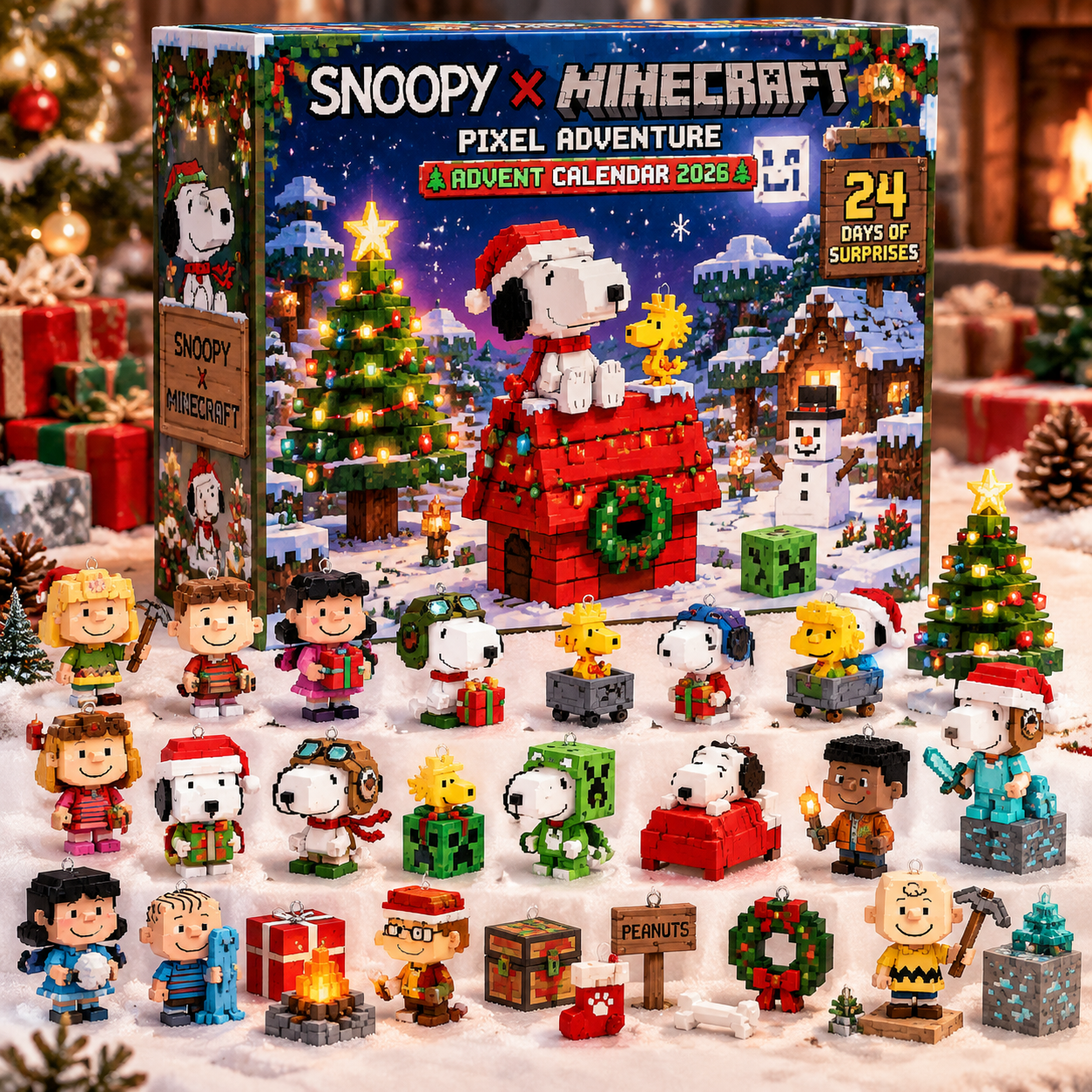 Snoopy x Minecraft Pixel Adventure Christmas Advent Calendar 2026 - front view with pixel holiday figures