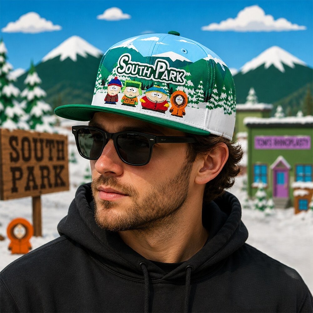 South Park Characters Snowy Mountain Cap - close-up of Stan, Kyle, and South Park sign