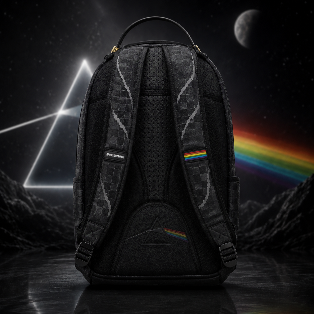 Sprayground Sci-Fi Robot Dark Side of the Moon Shark Mouth Backpack - top left detail showing robot face