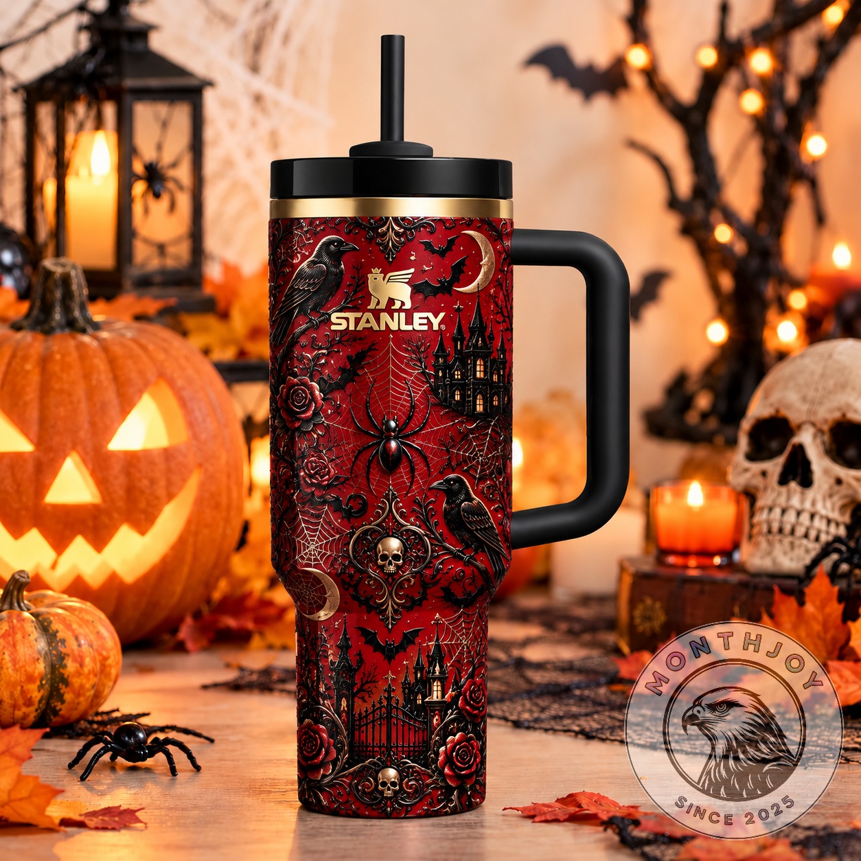 Stanley Halloween 2026 Bordeaux Lace Spider Pattern Tumbler - front view showing full wraparound design