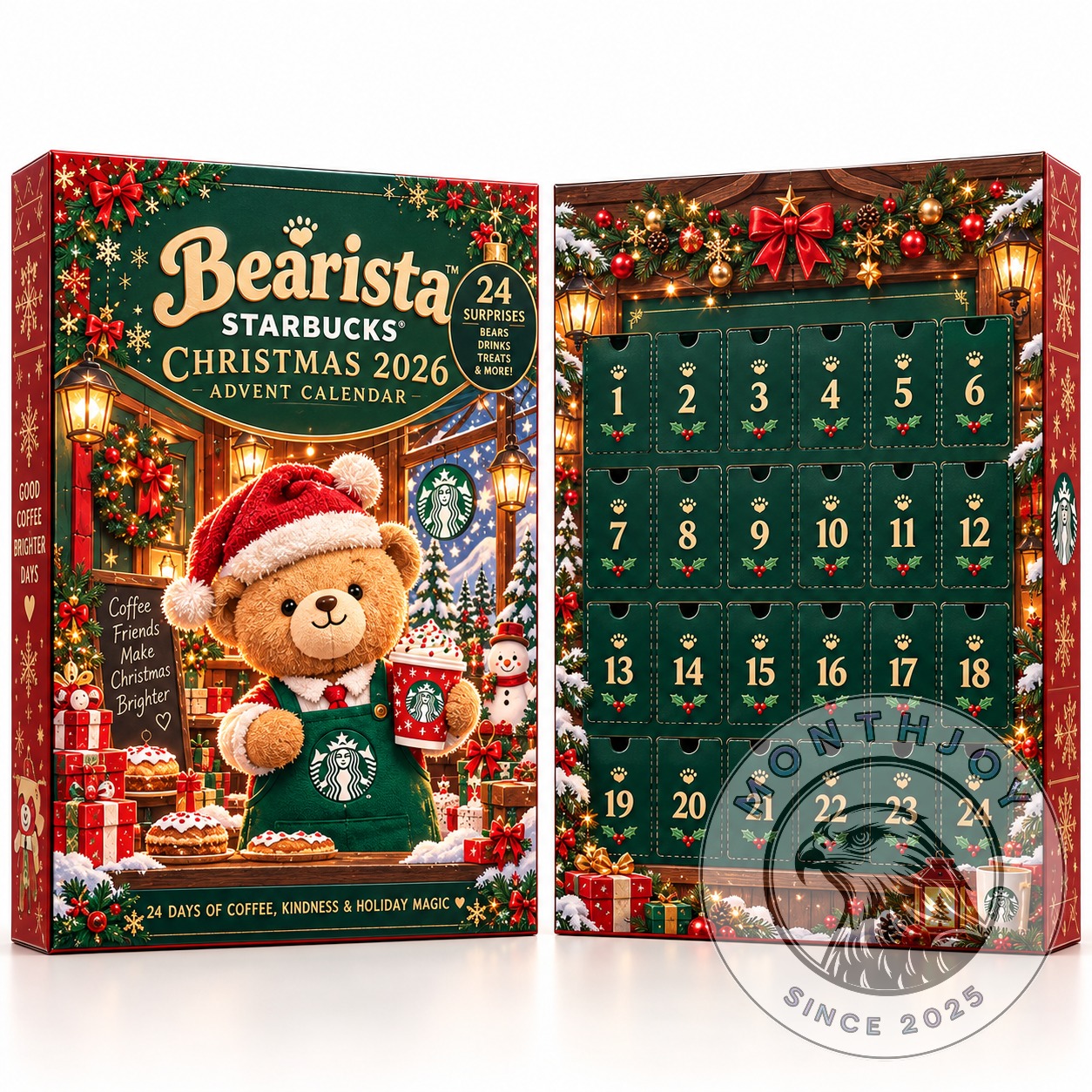 Starbucks Bearista Christmas 2026 Advent Calendar - illustrated Bearista and Starbucks cup detail