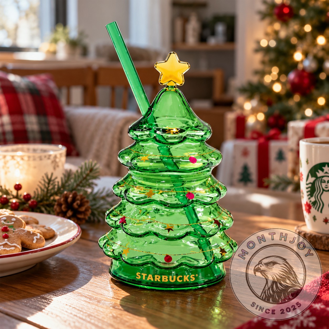 Starbucks Christmas Tree Holiday Cold Cup - front view with star topper and green straw
