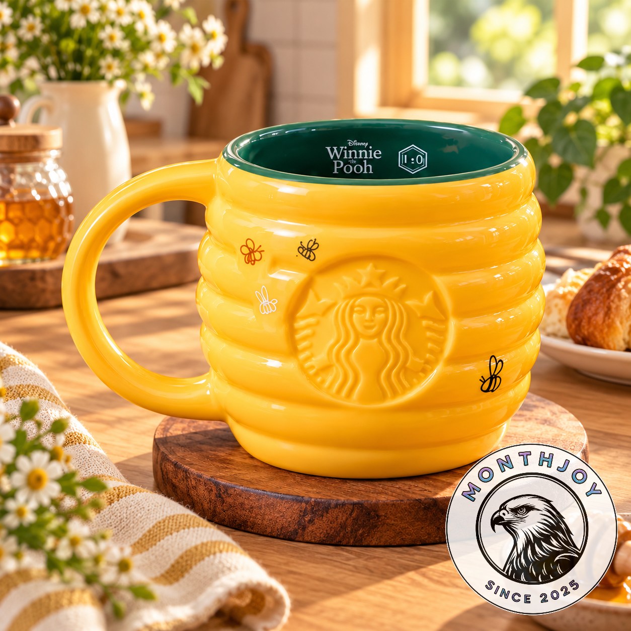 Starbucks Disney Winnie the Pooh Honeycomb Bee Design Mug - front angled view with interior lettering