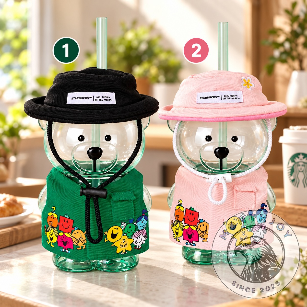 Starbucks x Mr. Men Little Miss Bearista Glass Cold Cup Tumbler - two character cup designs