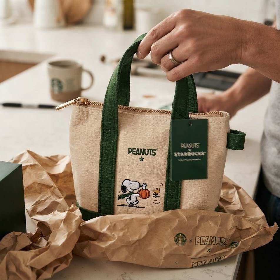 Starbucks Peanuts Snoopy Woodstock Pumpkin Halloween Canvas Tote Bag - close-up of top zipper and Starbucks