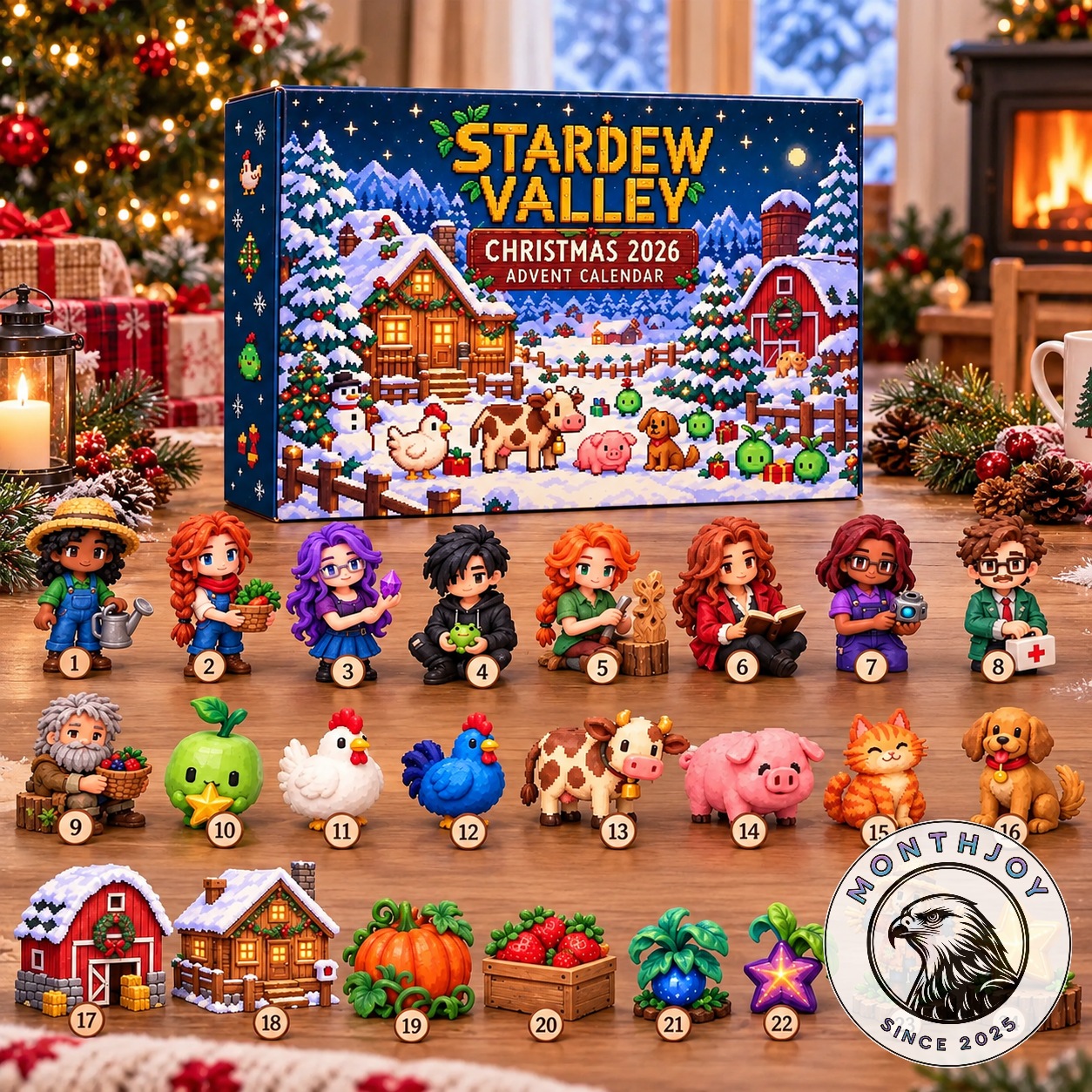 Stardew Valley Christmas 2026 Advent Calendar - front view with numbered characters and winter village artwork