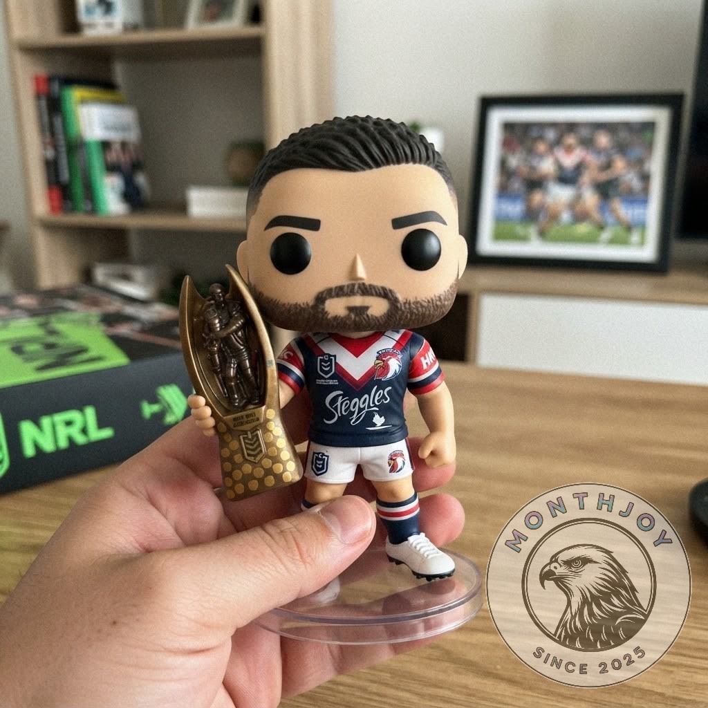Sydney Roosters NRL Premiers 2026 James Tedesco Funko Pop Figure - trophy and uniform close-up