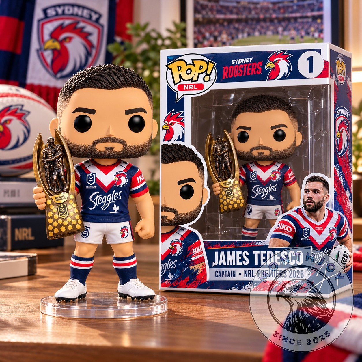Sydney Roosters NRL Premiers 2026 James Tedesco Funko Pop Figure - front figure and collector box