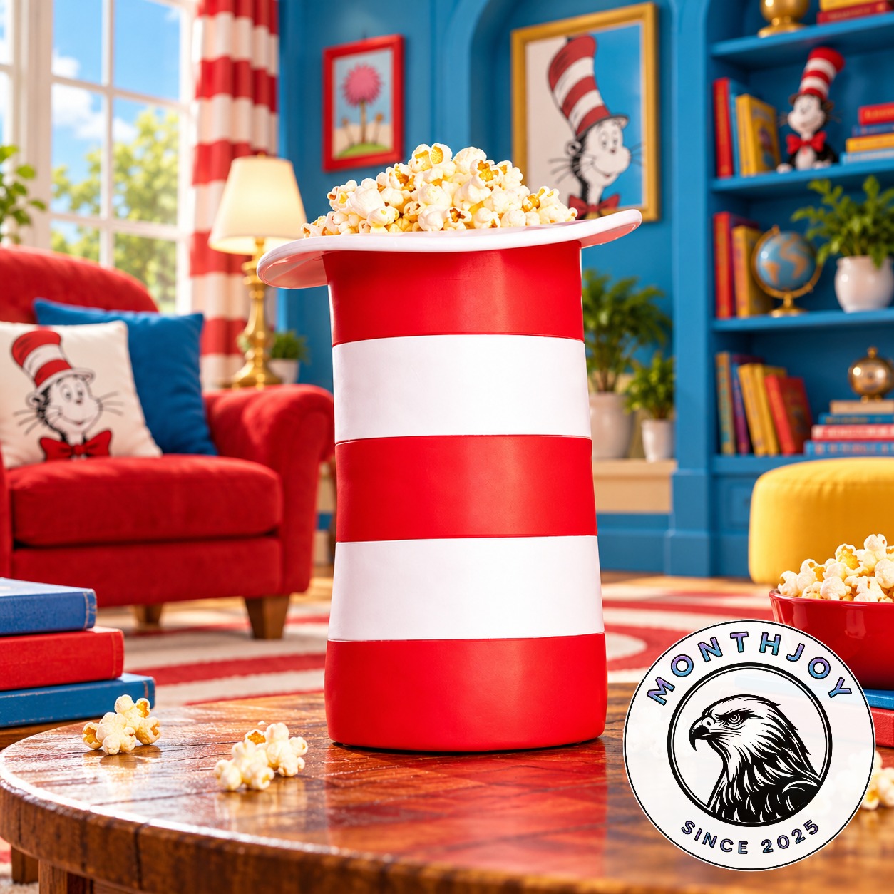 The Cat in the Hat popcorn bucket container front view filled with popcorn