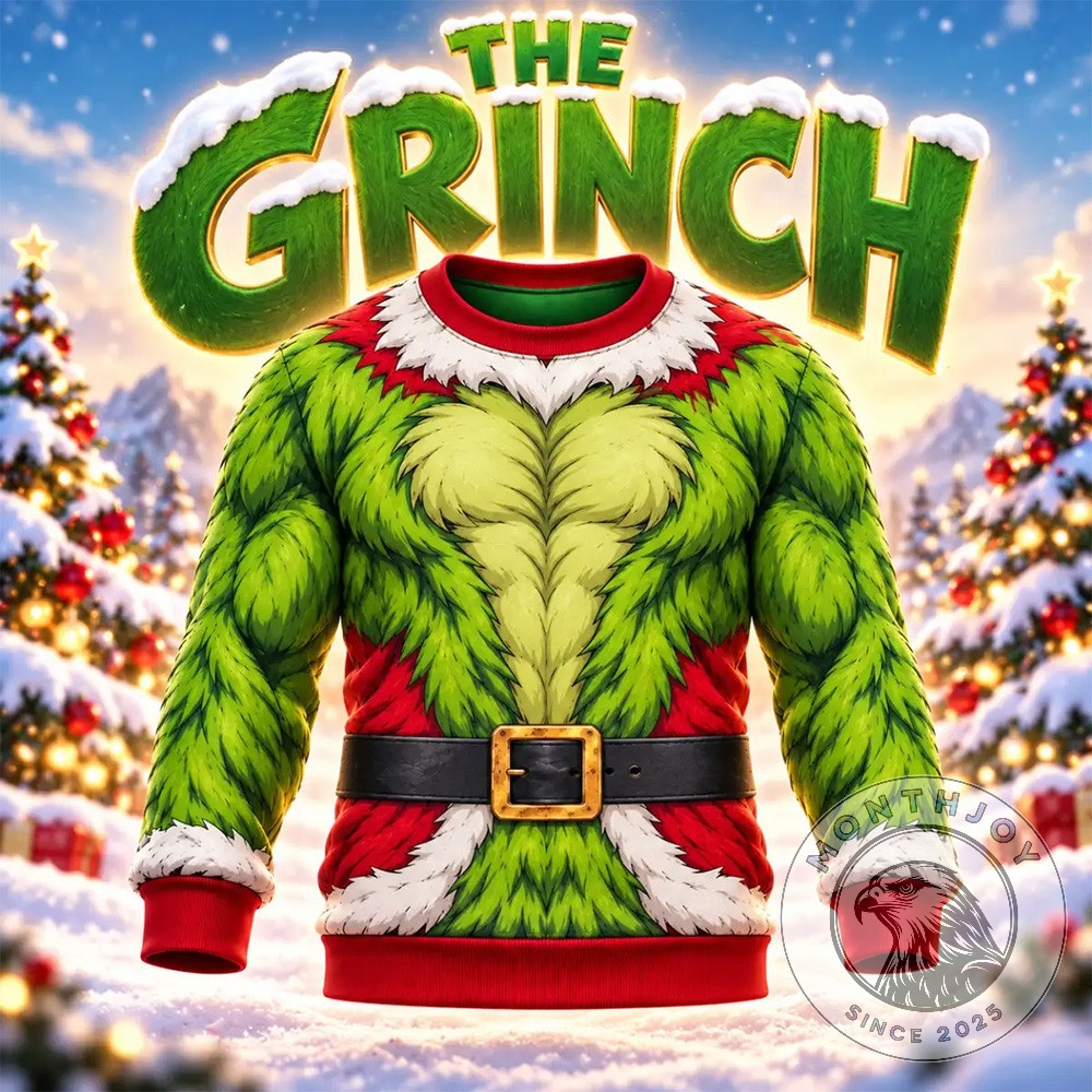 The Grinch Christmas 2026 Santa Suit Sweatshirt - front view with furry Grinch-style Santa design