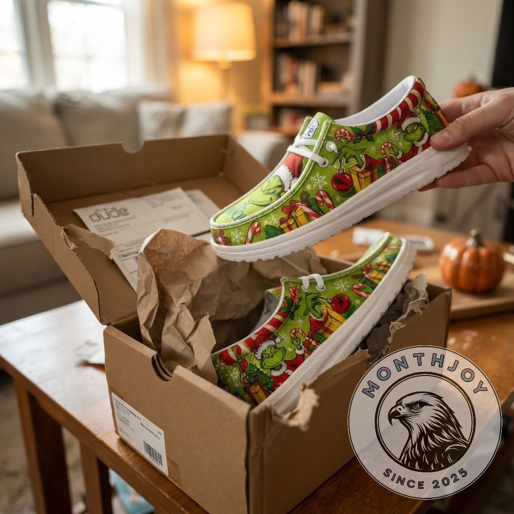 The Grinch Christmas Mischief Loafer Shoes - front shoe view with Grinch face and Christmas prints