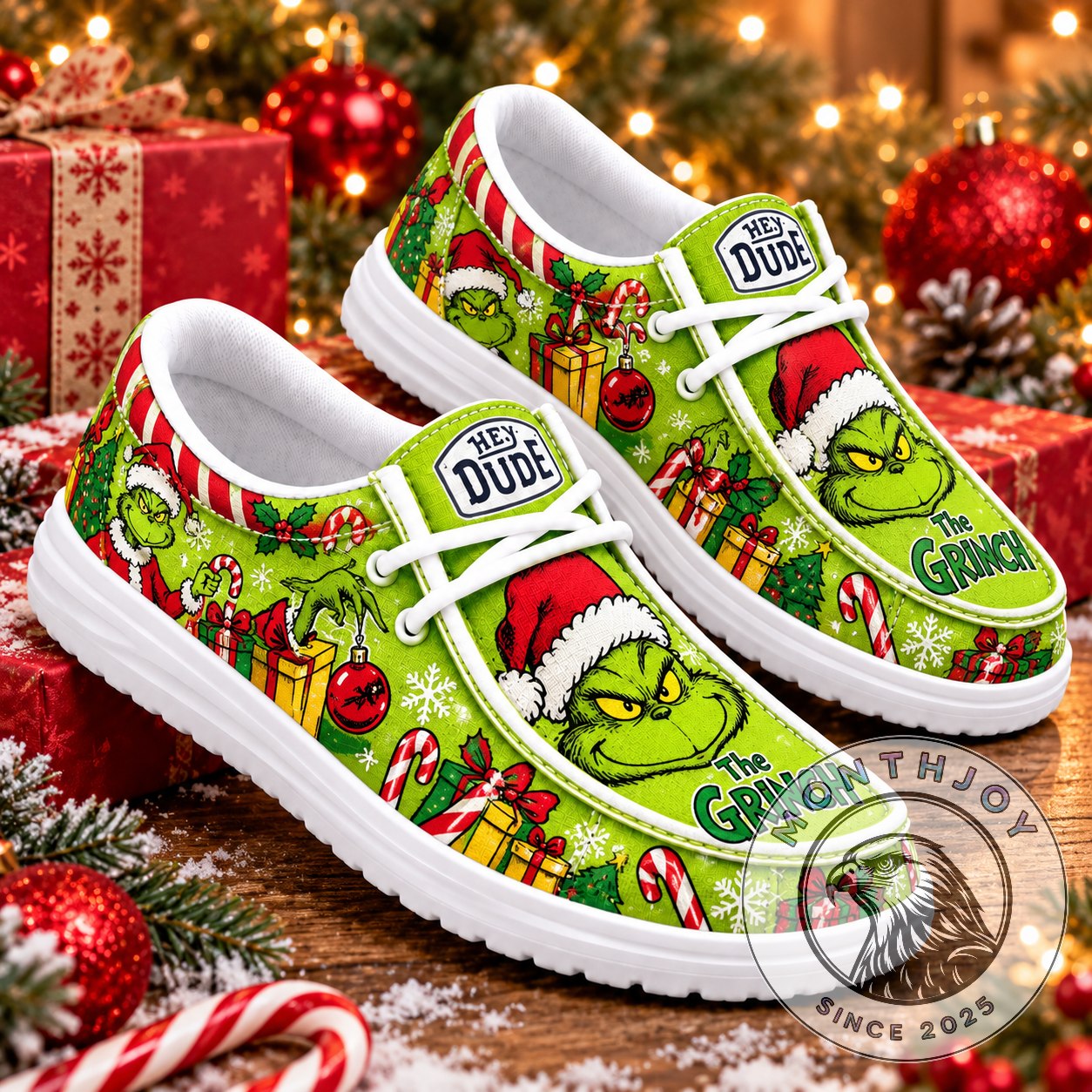The Grinch Christmas Mischief Loafer Shoes - angled view showing both festive green shoes