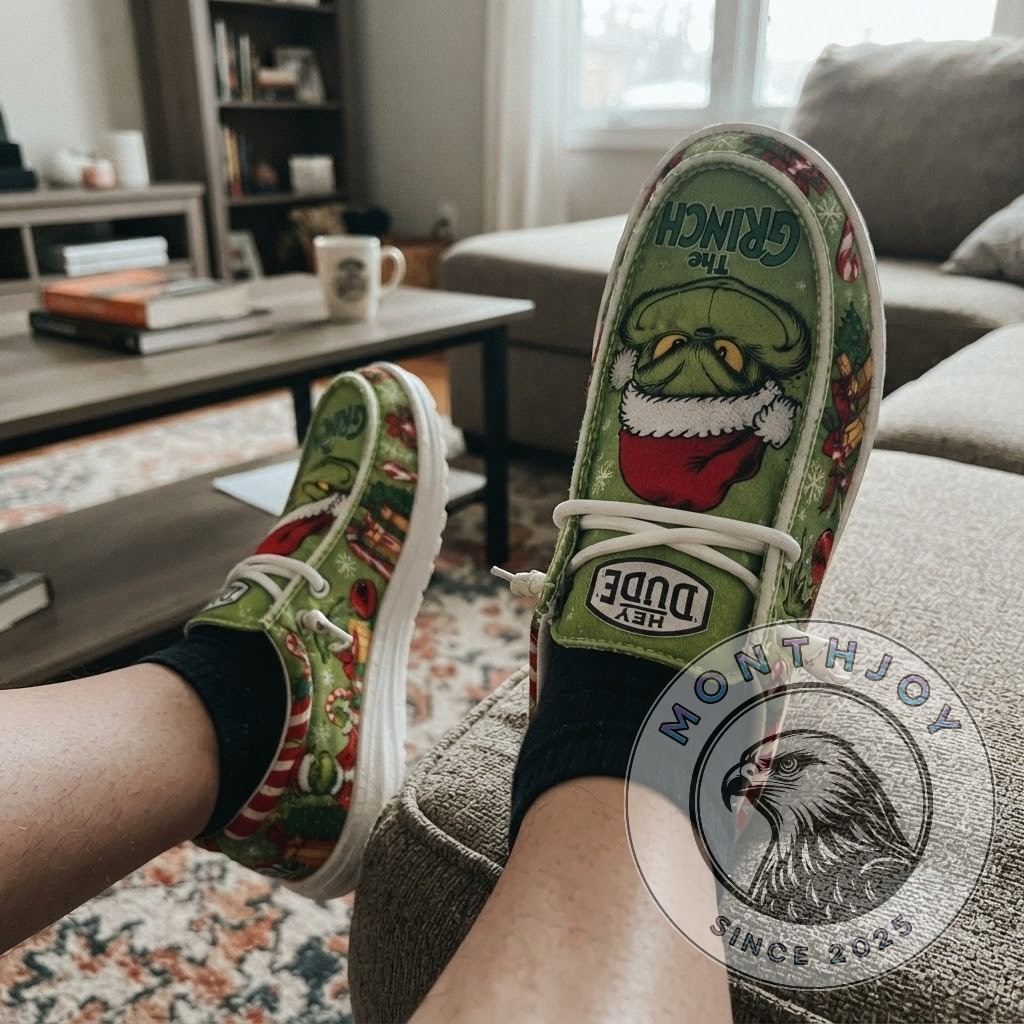 The Grinch Christmas Pattern Shoes - side view showing repeated holiday character artwork