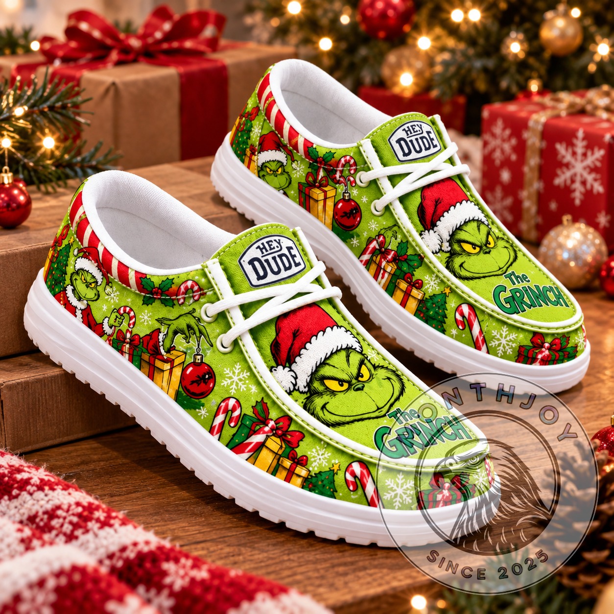 The Grinch Christmas Pattern Shoes - paired shoes showing festive printed uppers