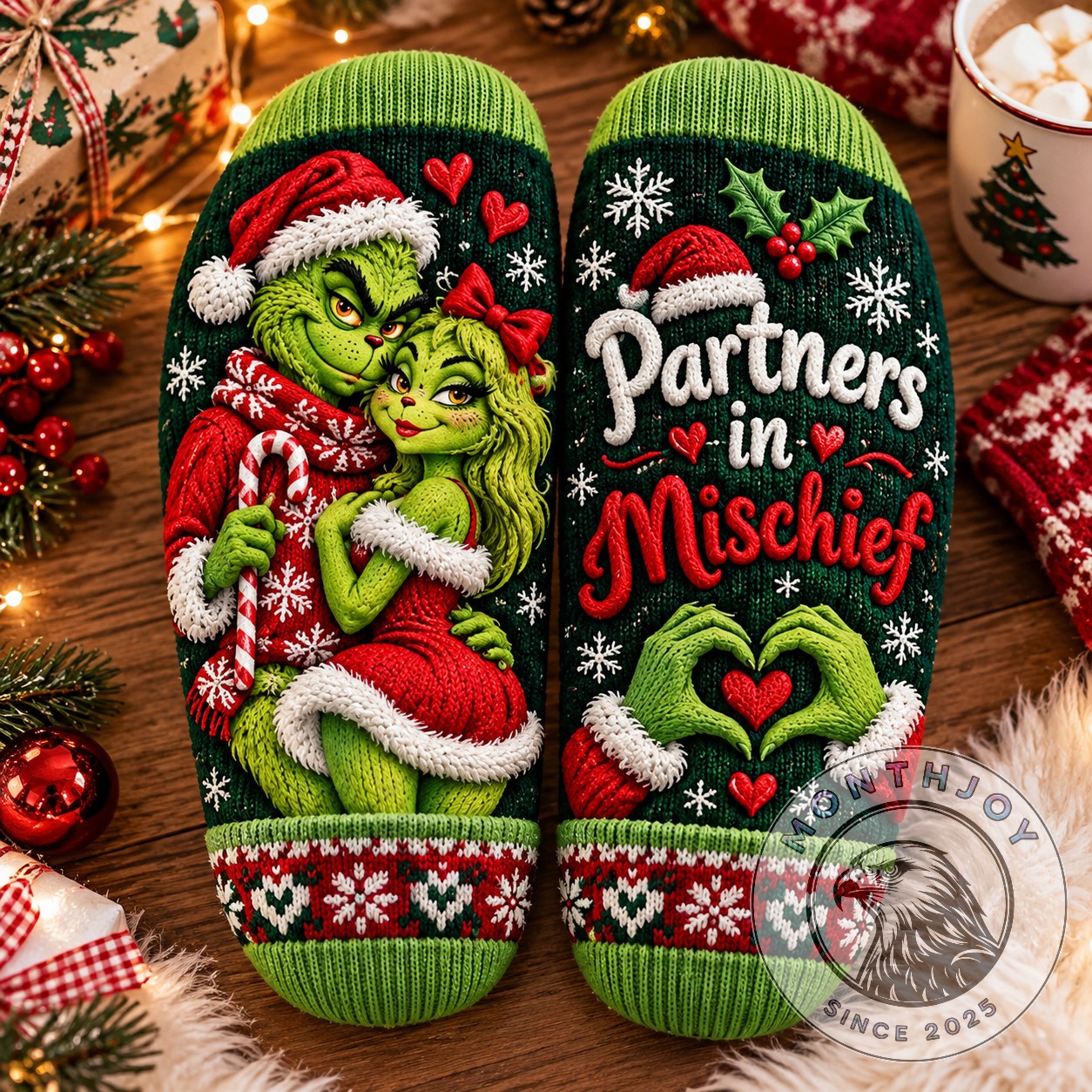 The Grinch Partners in Mischief Christmas Crew Socks 2026 - paired front view with character artwork and